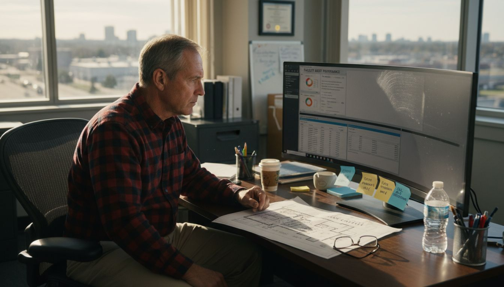 El jefe de mantenimiento comprueba los activos en el panel de control en la nube