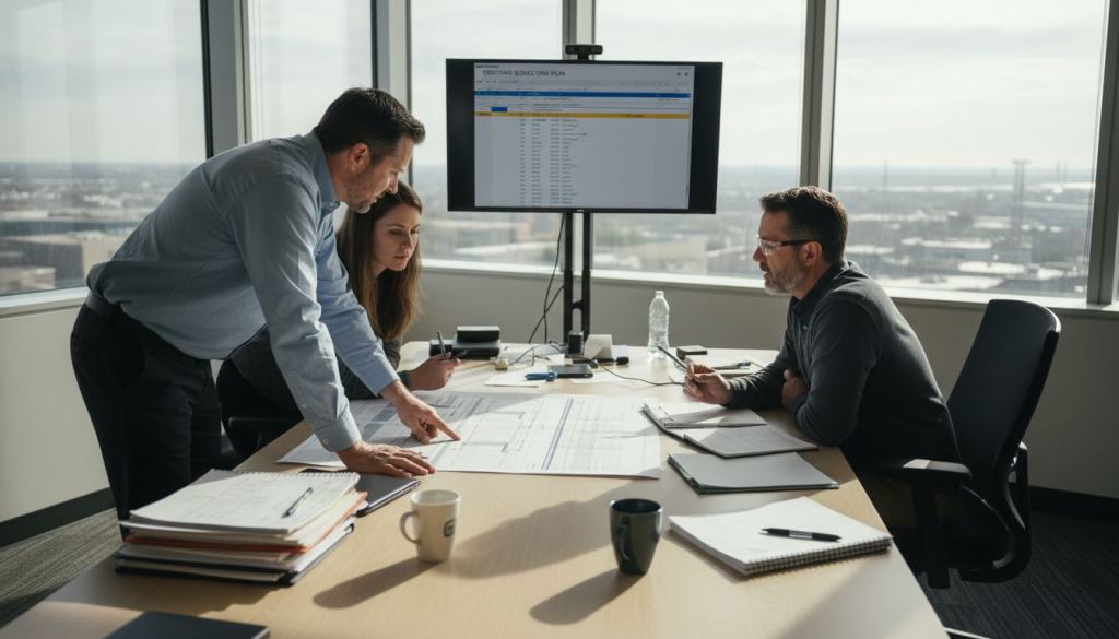 Los directivos revisan el plan de mantenimiento en la sala de conferencias