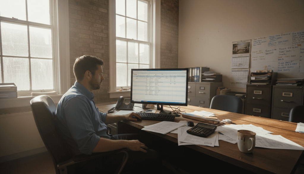 El jefe de mantenimiento revisa los calendarios en una oficina luminosa