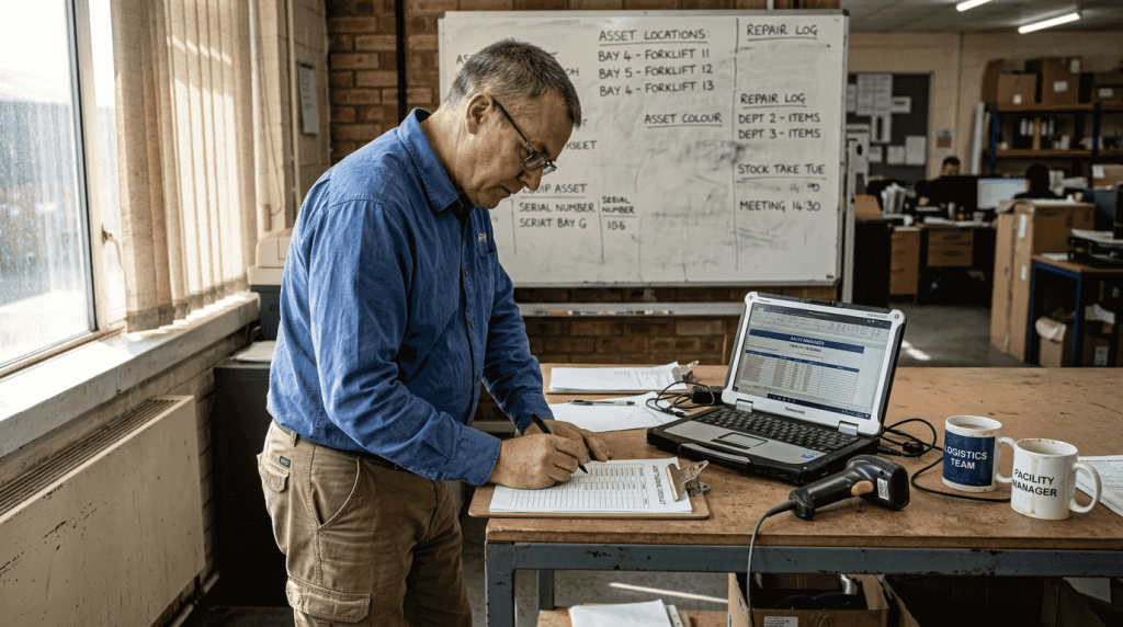 Facility manager using asset tracking checklist