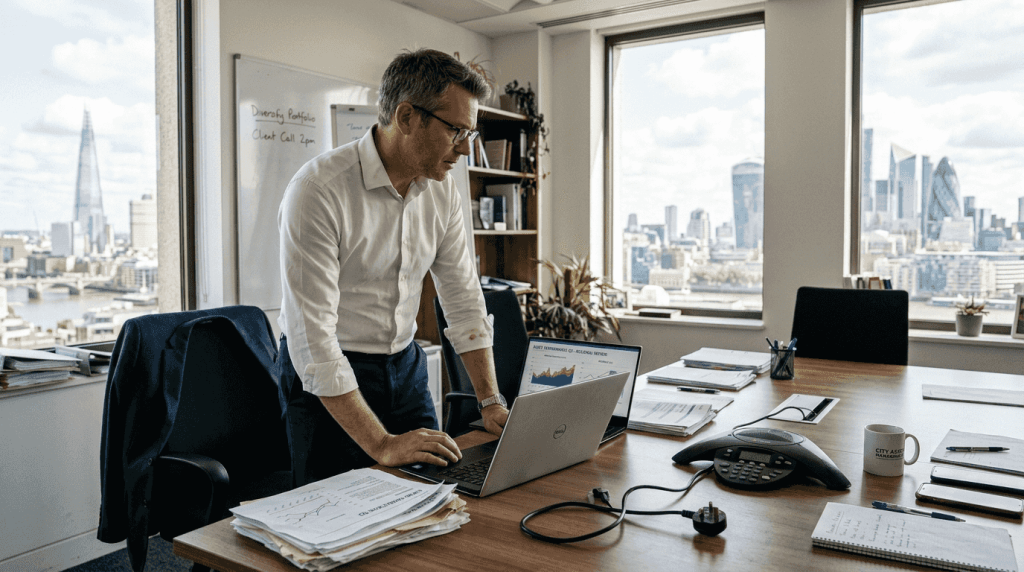 Manager reviewing AI-driven asset performance at office table