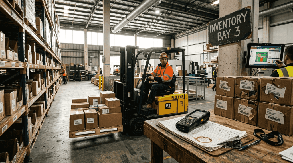 Warehouse worker moving assets with RFID scanner