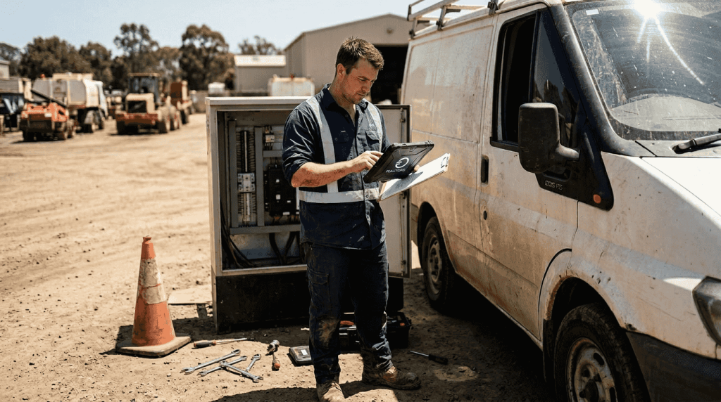 Technician using mobile app for field service