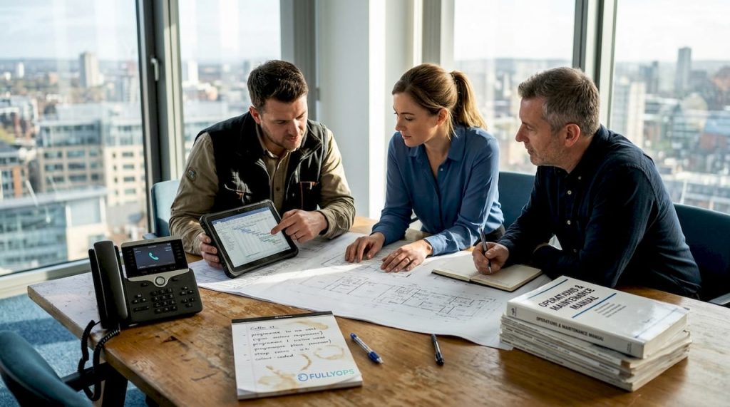 Field service managers meeting in corner office