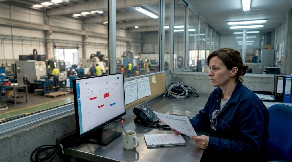 Manager planning factory maintenance schedule at desk