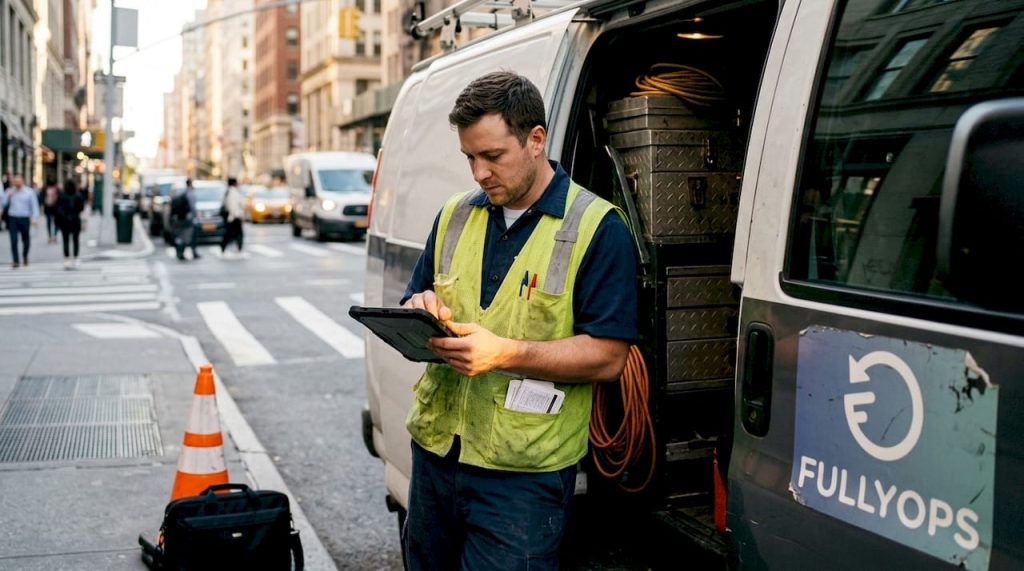Field technician manages tasks on mobile device
