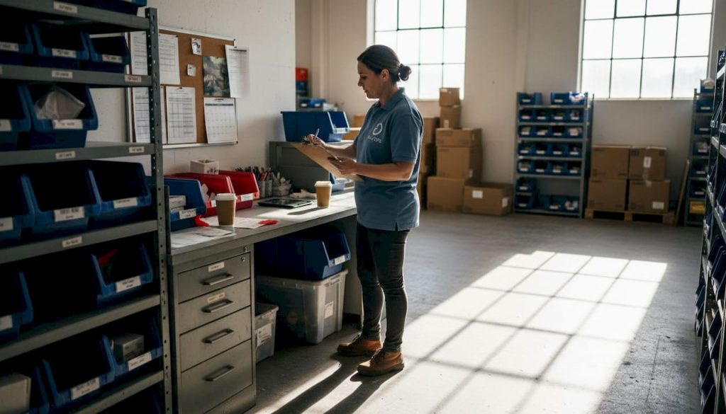 Supervisor updating stock in industrial stockroom