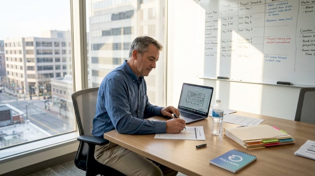Facility manager reviewing checklist in corner office