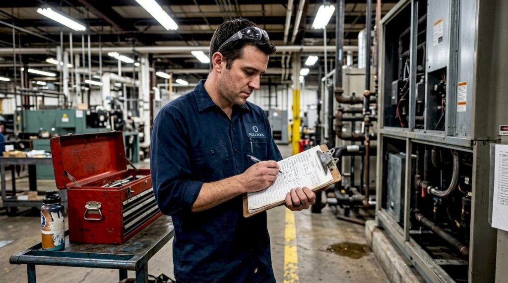 Maintenance supervisor reviewing hours on plant floor
