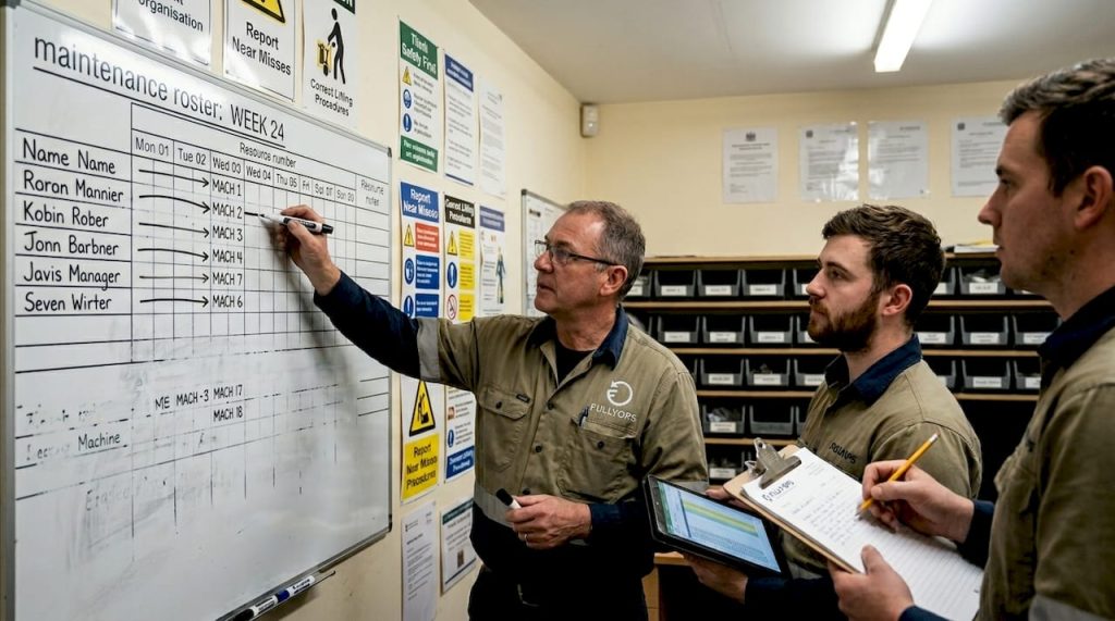 Team discussing resource schedule at whiteboard