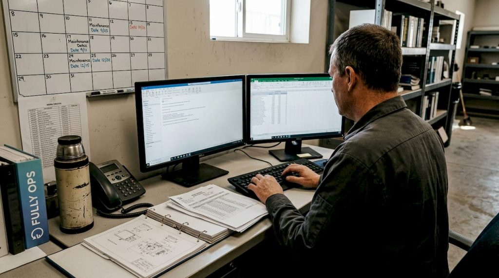 Manager tracking maintenance costs at office desk