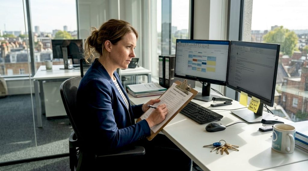 Facilities manager reviews compliance checklist by window