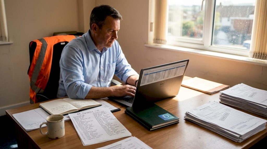 Manager updating asset register in site office