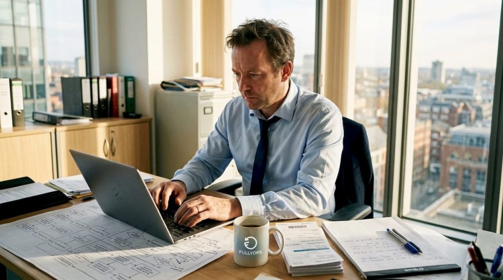 Manager reviewing service workflow at office desk