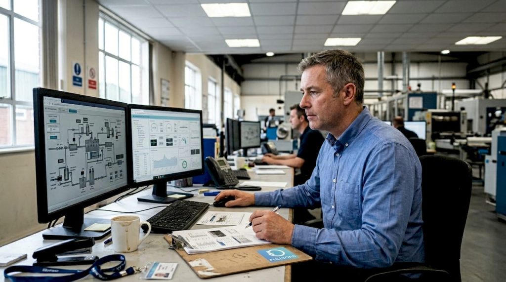 Asset manager checking IoT dashboard in control room