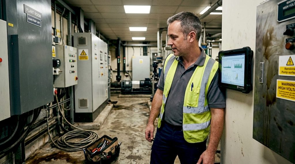 Engineer monitoring machine data on tablet in plant