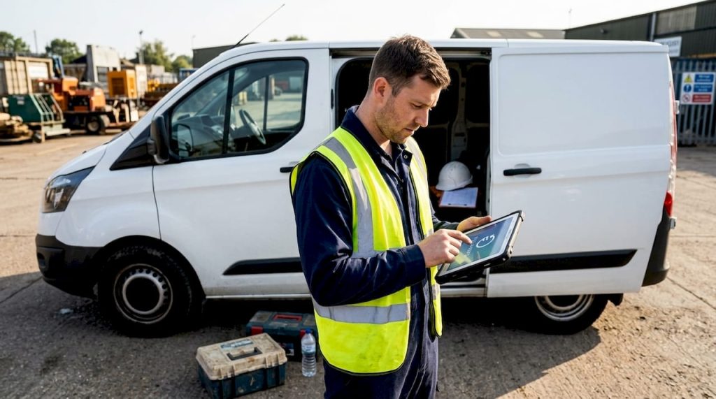 Field engineer updates work order on tablet outdoors