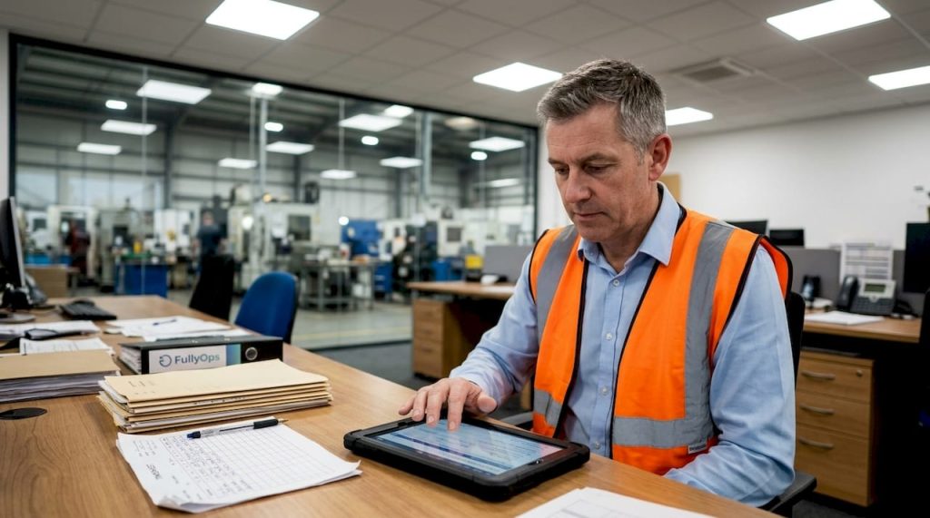 Maintenance manager reviewing asset report in office