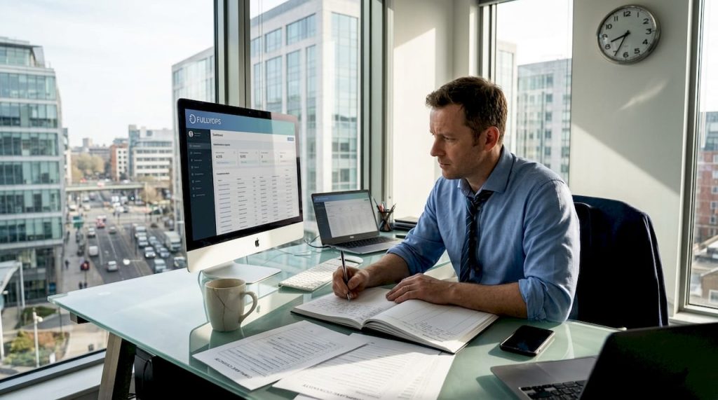 Operations manager reviews maintenance compliance in office