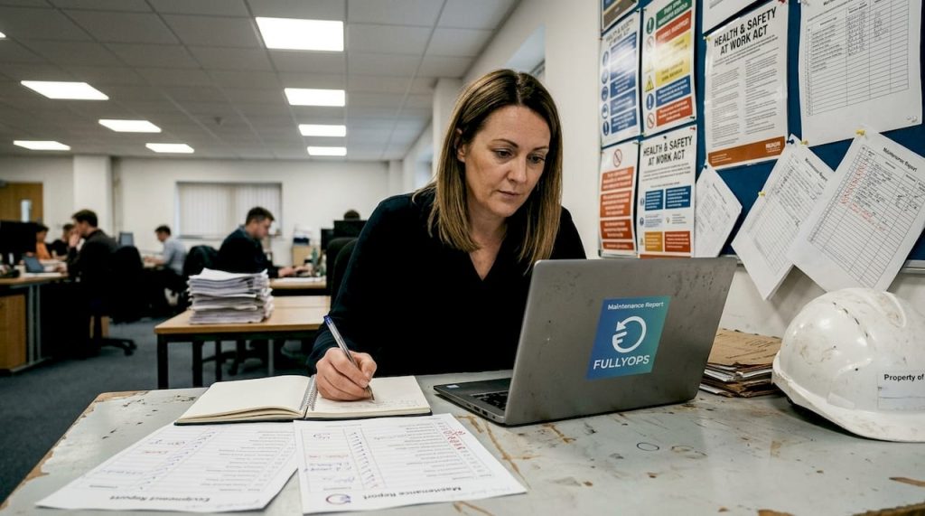 Manager reviewing maintenance report in office