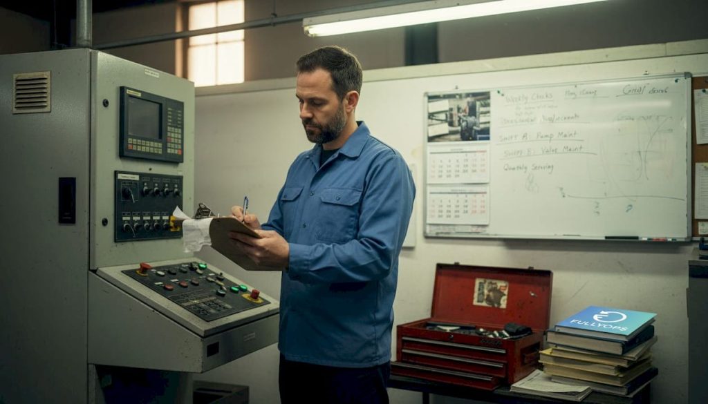 Manager updating maintenance log in factory office