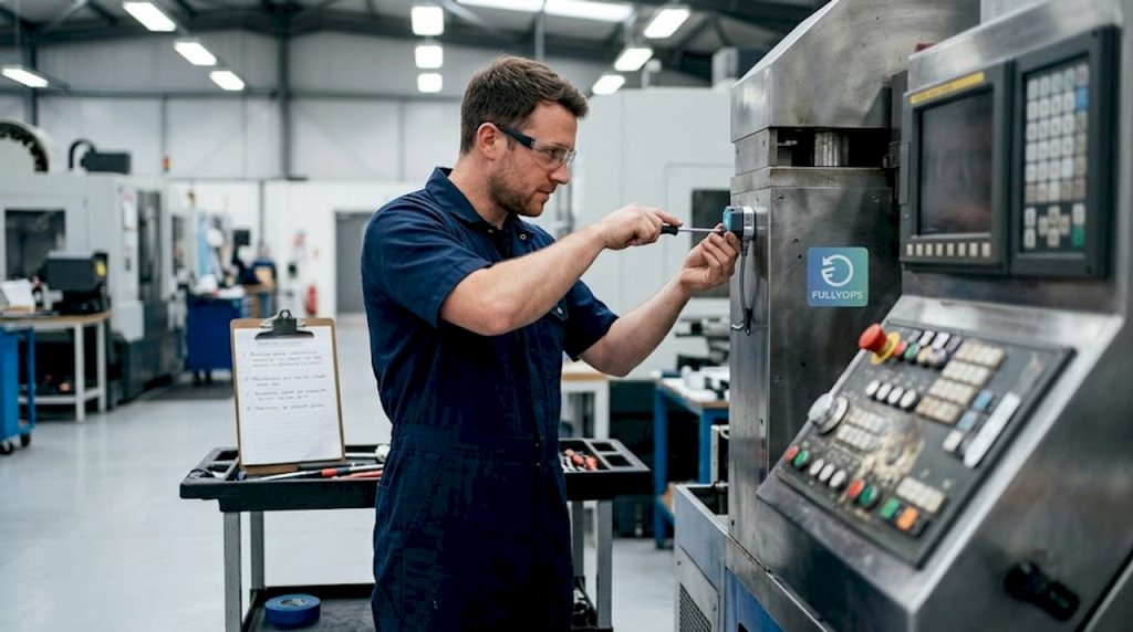 Technician attaching sensor on factory machine