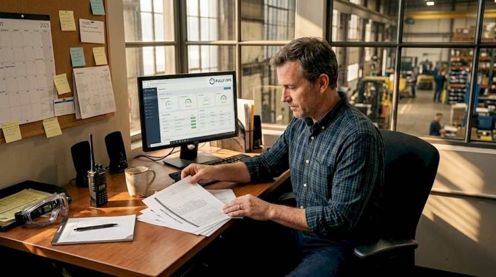 Facility manager checking maintenance reports at desk