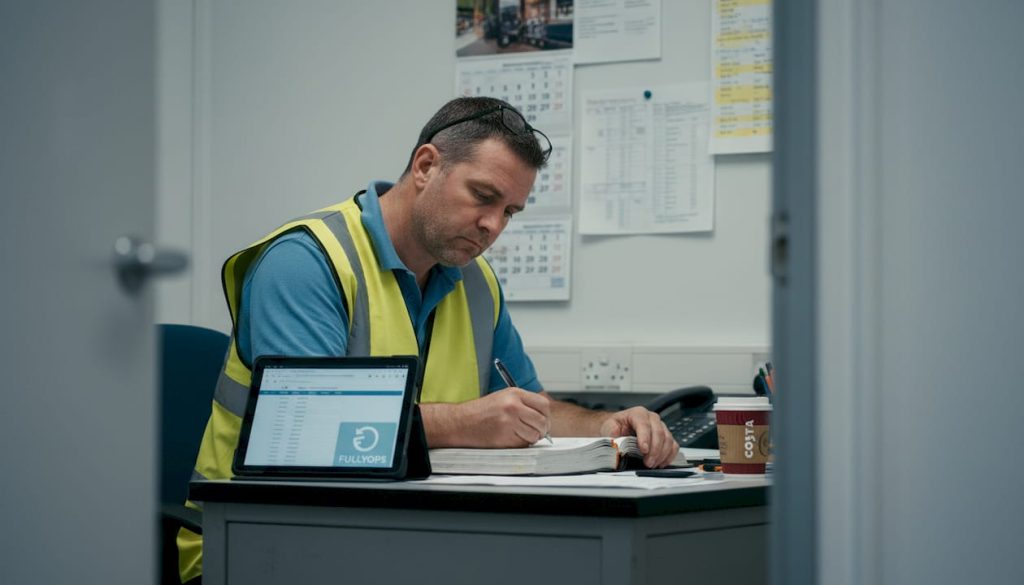 Maintenance supervisor completing detailed report at desk