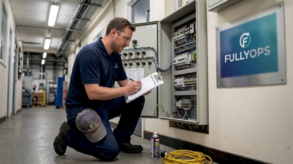 Technician checking factory equipment for maintenance