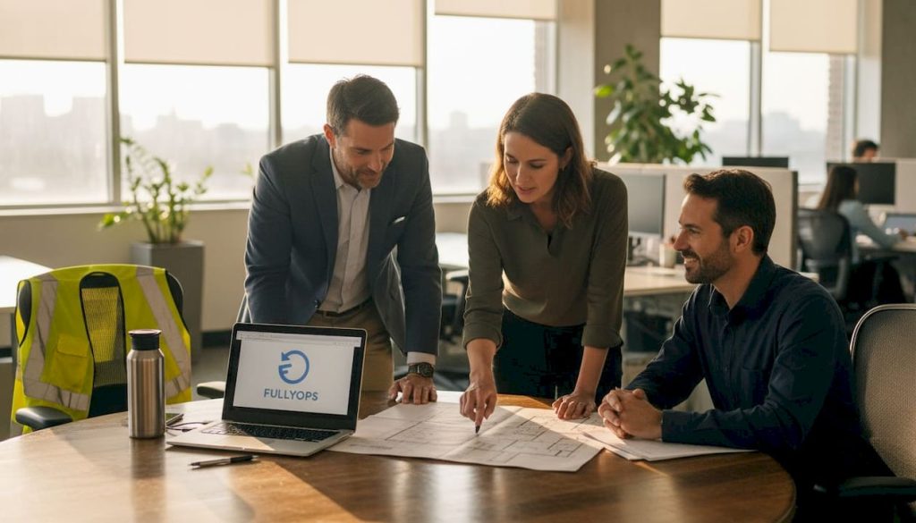 Facility managers discussing cloud-based maintenance