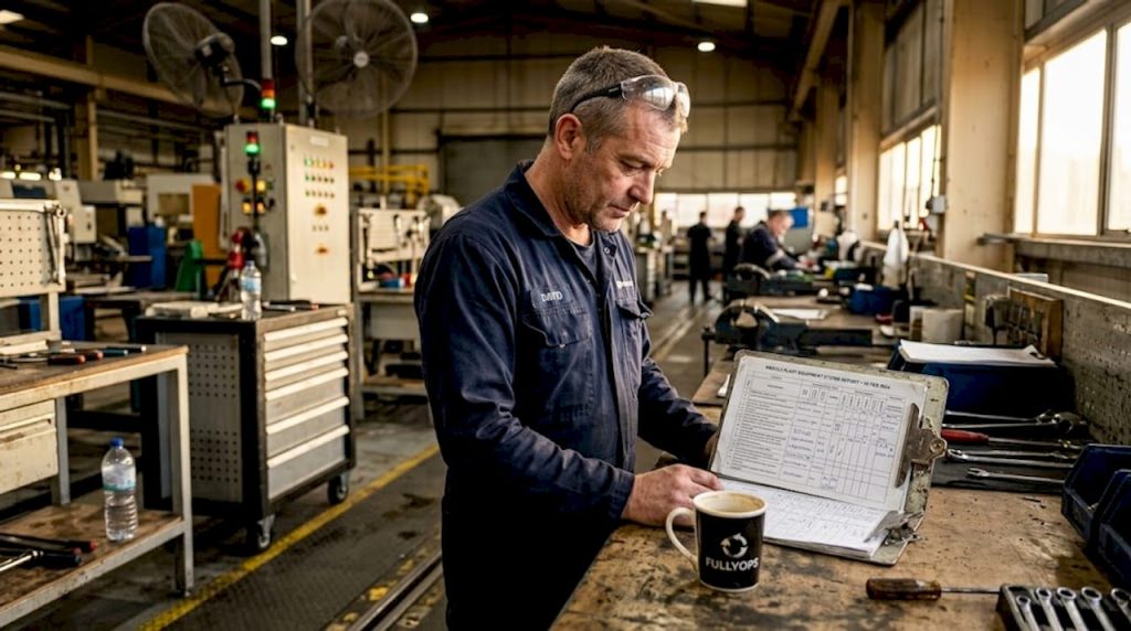 Maintenance engineer reviews equipment in factory