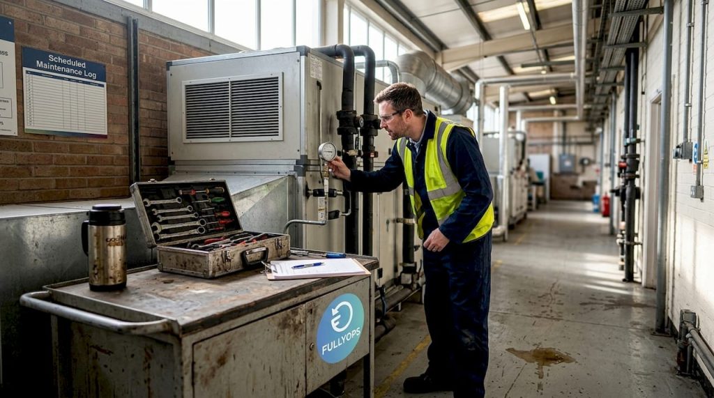 Engineer checking factory machinery with checklist