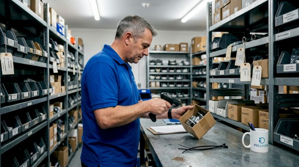 Manager scanning parts in industrial supply room