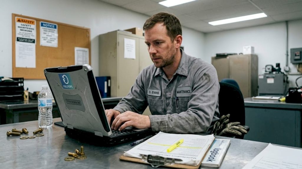 Engineer updating service logs in industrial office