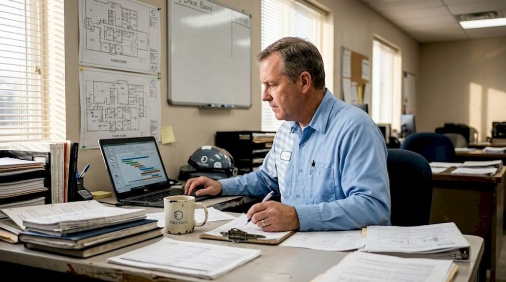 Plant manager reviews asset maintenance documents