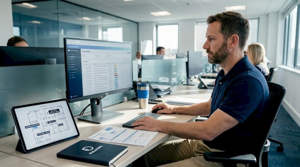 Manager reviewing digital work order system