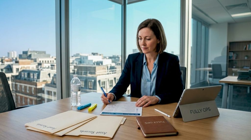 Manager reviewing compliance checklist in office