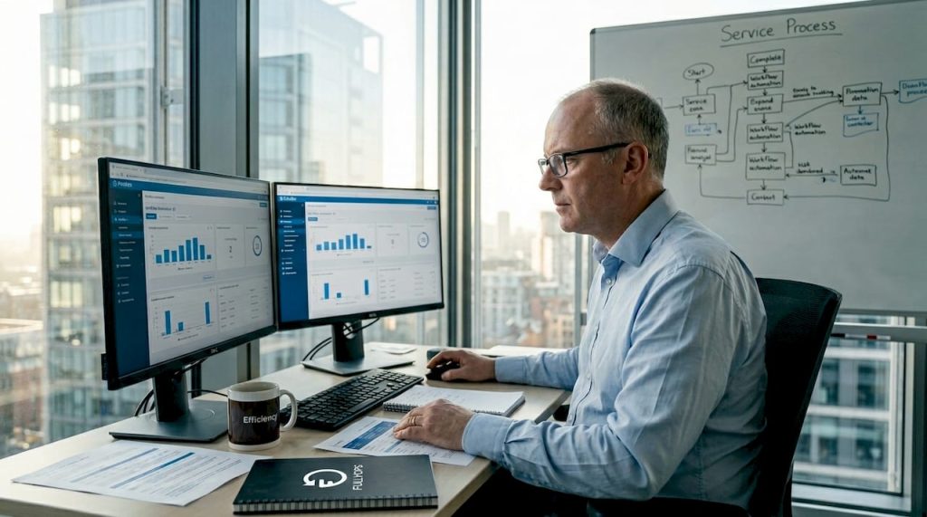 IT manager reviewing automated workflow dashboard