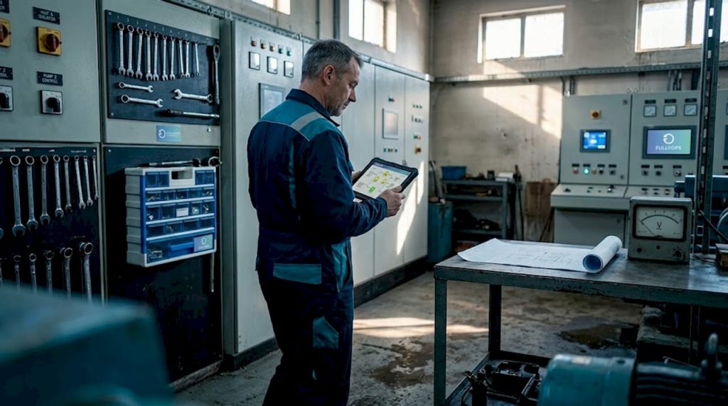 Technician checking IoT sensors in factory