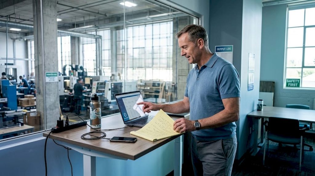 Manager reviewing operations in office overlooking factory