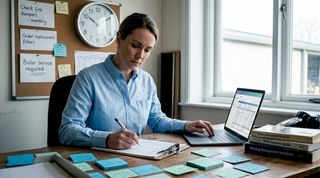 Facility manager checking maintenance documents