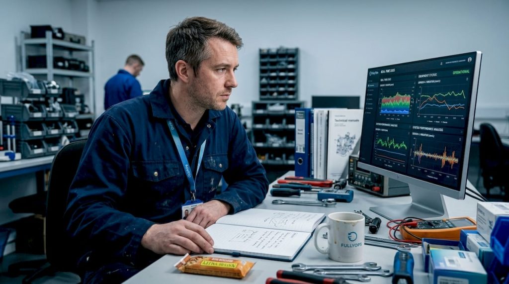 Maintenance engineer reviewing analytics in workshop