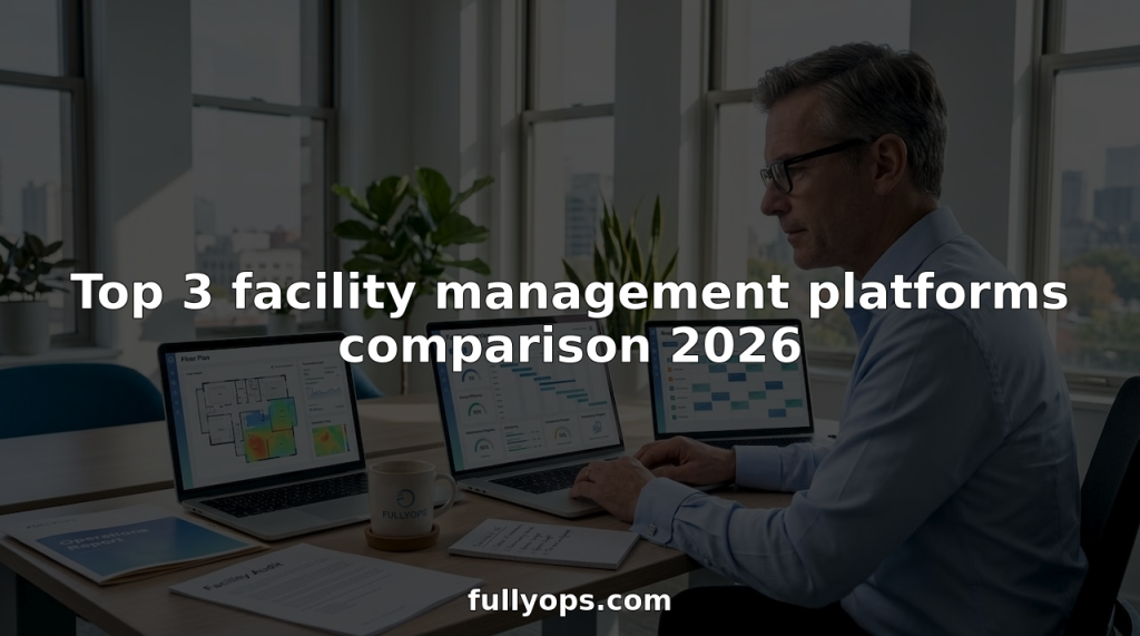 Facility manager reviewing software platforms on desk