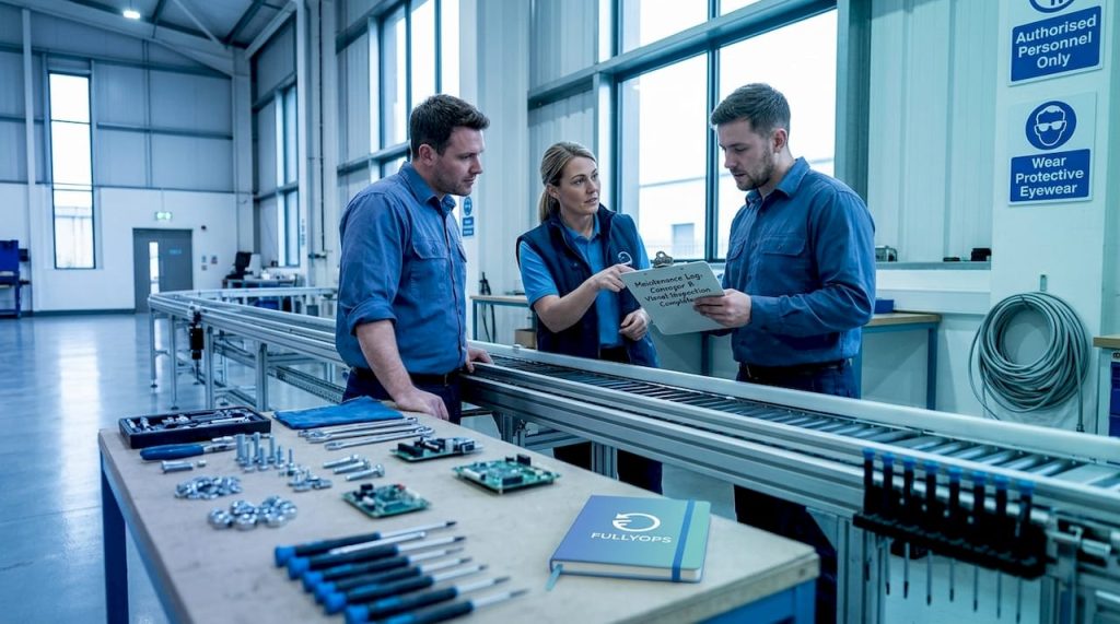 Maintenance technicians reviewing work on factory floor