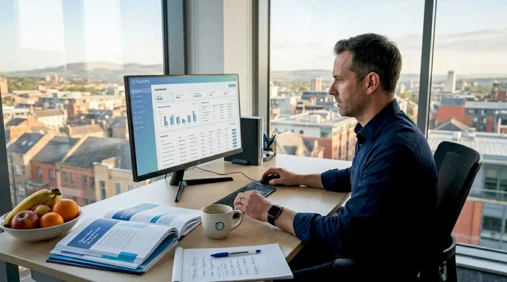 Gerente de instalaciones analizando datos en un escritorio concurrido