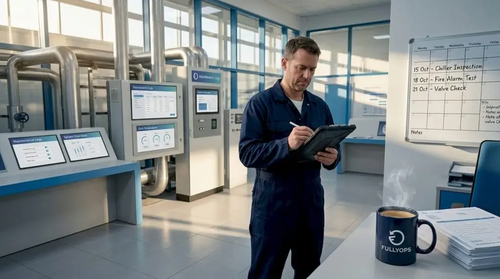 Maintenance supervisor reviewing checklist in facility control room