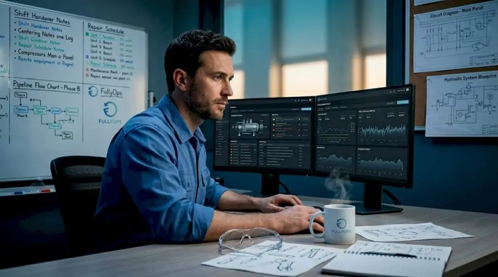Engineer reviewing data in industrial control room