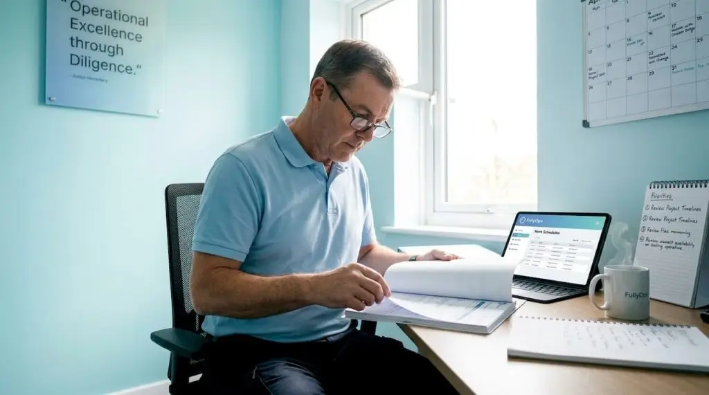 Operations manager reviews maintenance backlog at desk