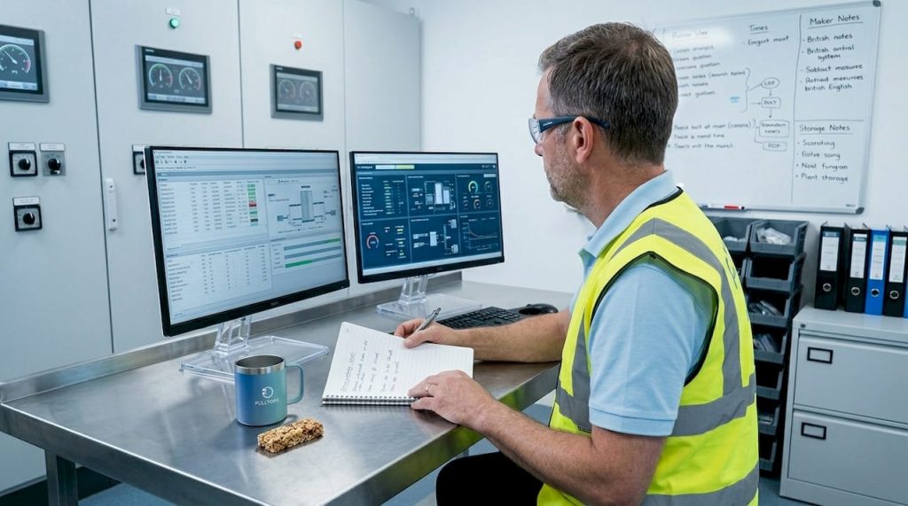 Plant manager auditing resource data in control room
