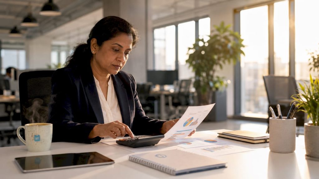 Manager reviewing inventory reports in office